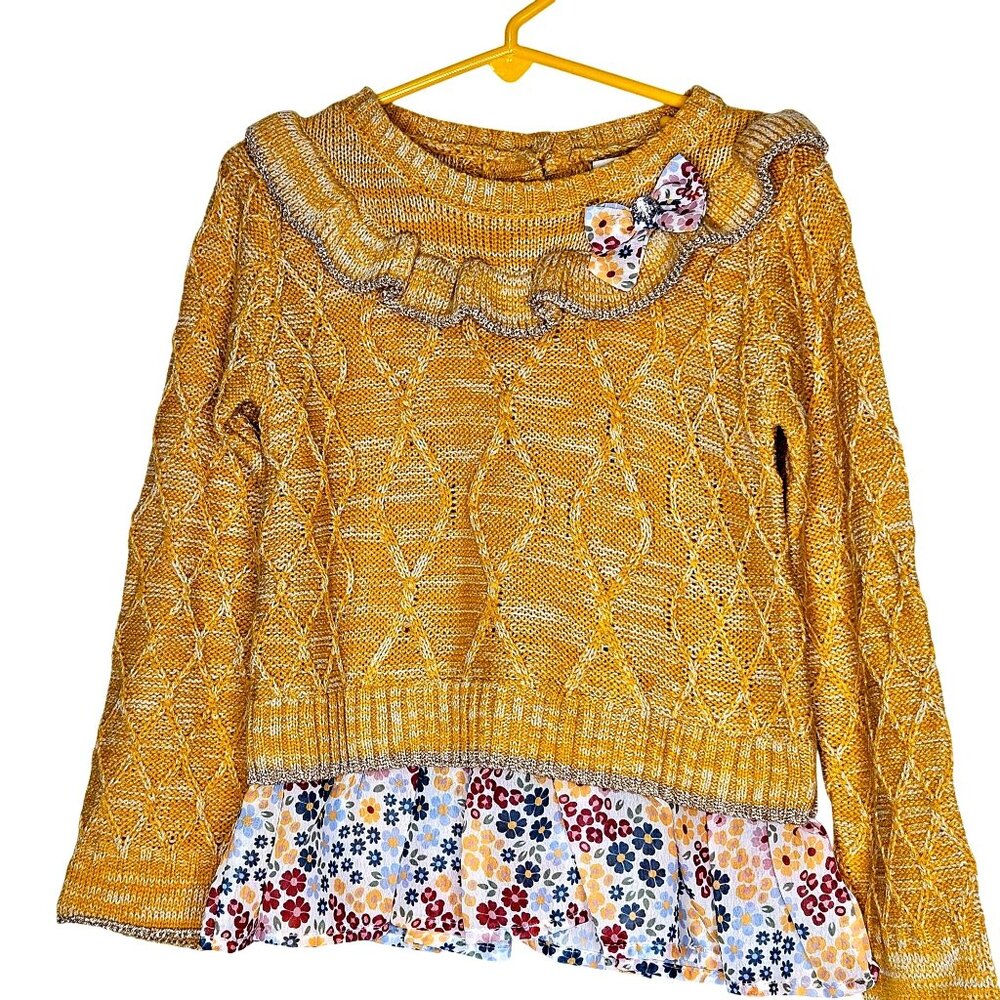 Girls Little Lass cottagecore boho-chic cable knit floral ruffle bow long sleeve